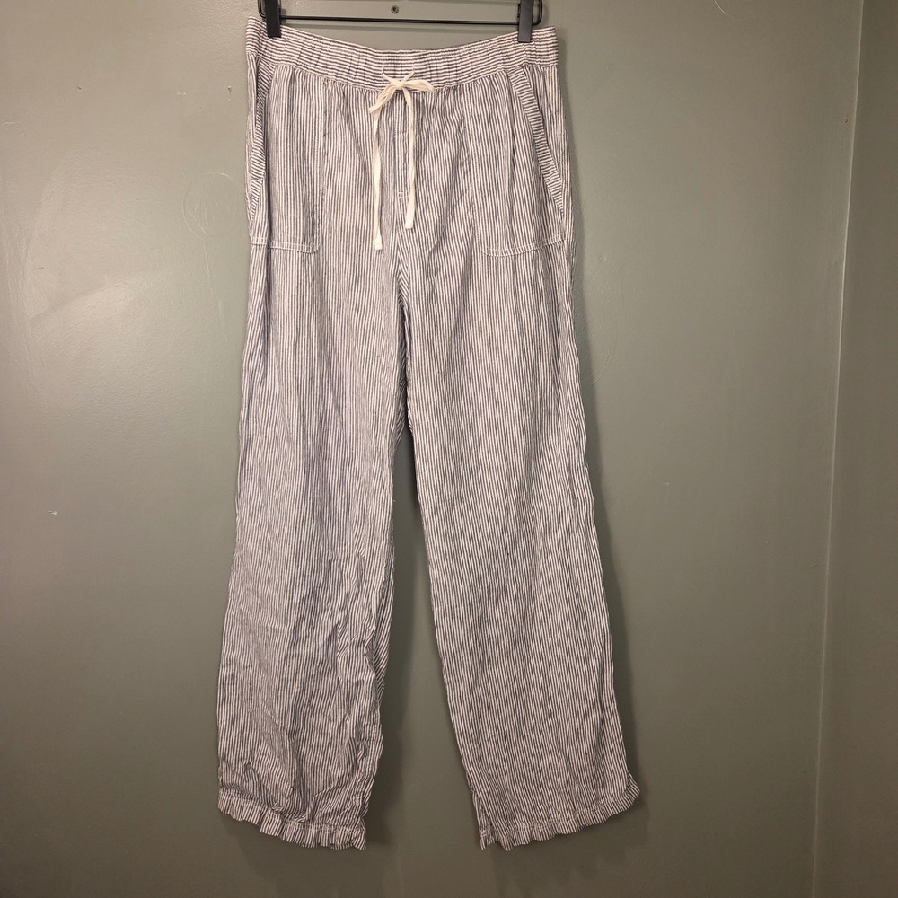 Artisan Ny Women's 100% Linen‎ Wide Leg Pants Size L Navy & White Striped
